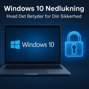 Windows 10 Nedlukning – Hvad Det Betyder for Din Sikkerhed. Laptop med Windows 10 logo og et digitalt sikkerhedslås symboliserer konsekvenserne af supportstop i 2025.